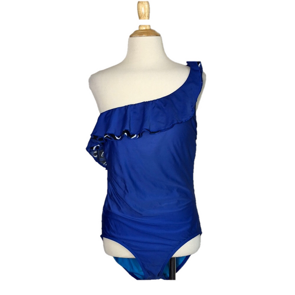 ST. JOHN Women's Size 12 Royal Blue One Shoulder Ruffle One Piece Swimsuit - Picture 1 of 16